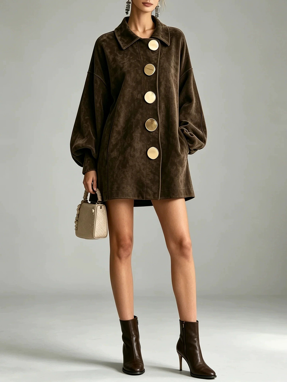 ZARA Vintage Brown Suede Lapel Metal Button Midi Coat